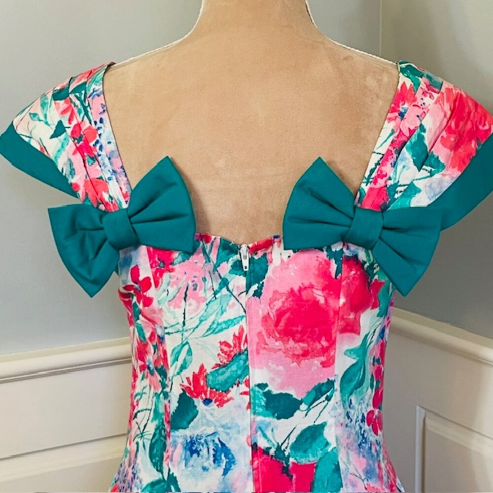 Vintage Leslie Lucks Petite Floral Cottagecore Dress Fit & Flare Bows 80's Small - Picture 6 of 8